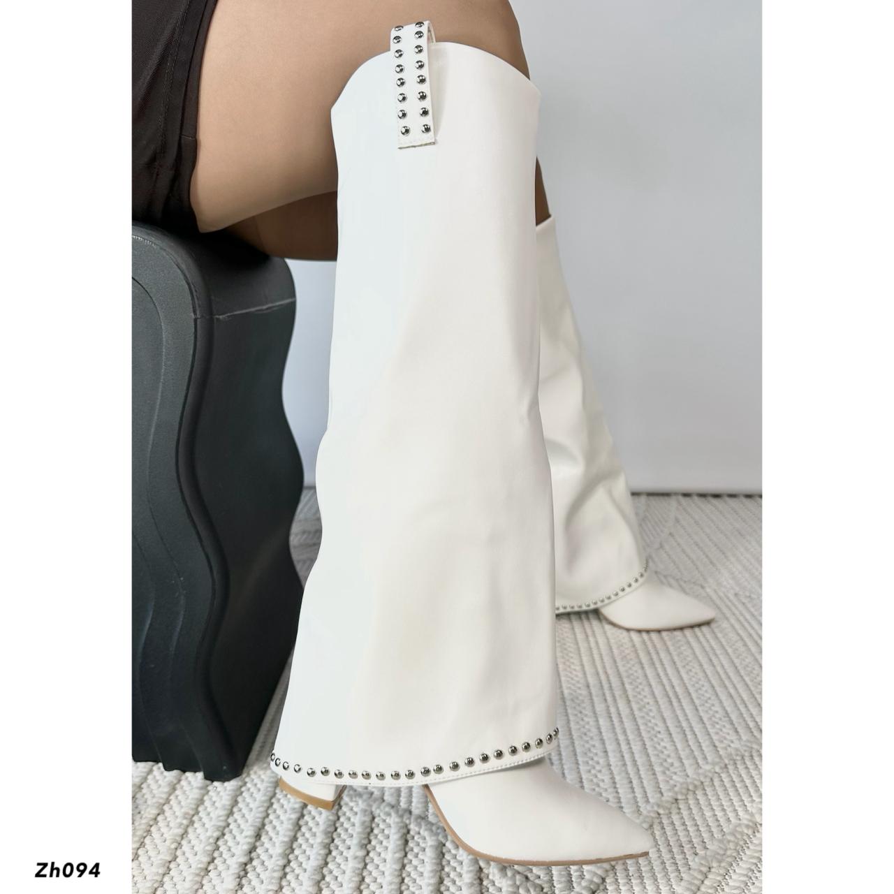 Bota caña alta blanco doblez apliques plateado tacon 8cm 255-033